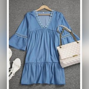 Denim Look Dress Boho Babydoll V Neck Ruffle Flowy Loose Midi Mini Size XXL